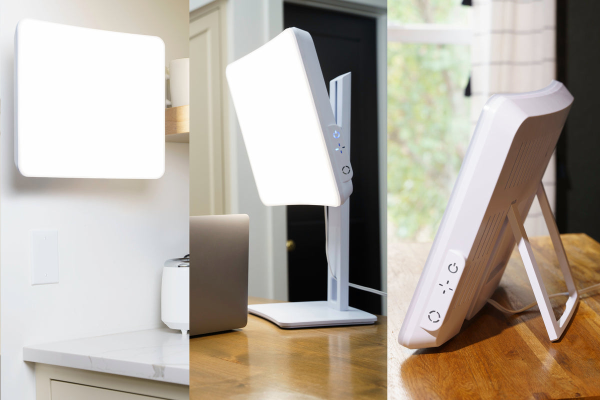A white adjustable LED light panel shown in three interior settings: mounted on a wall, standing on a tabletop, and propped on a wooden surface. The product is the same light panel in all views, with no people or animals present.